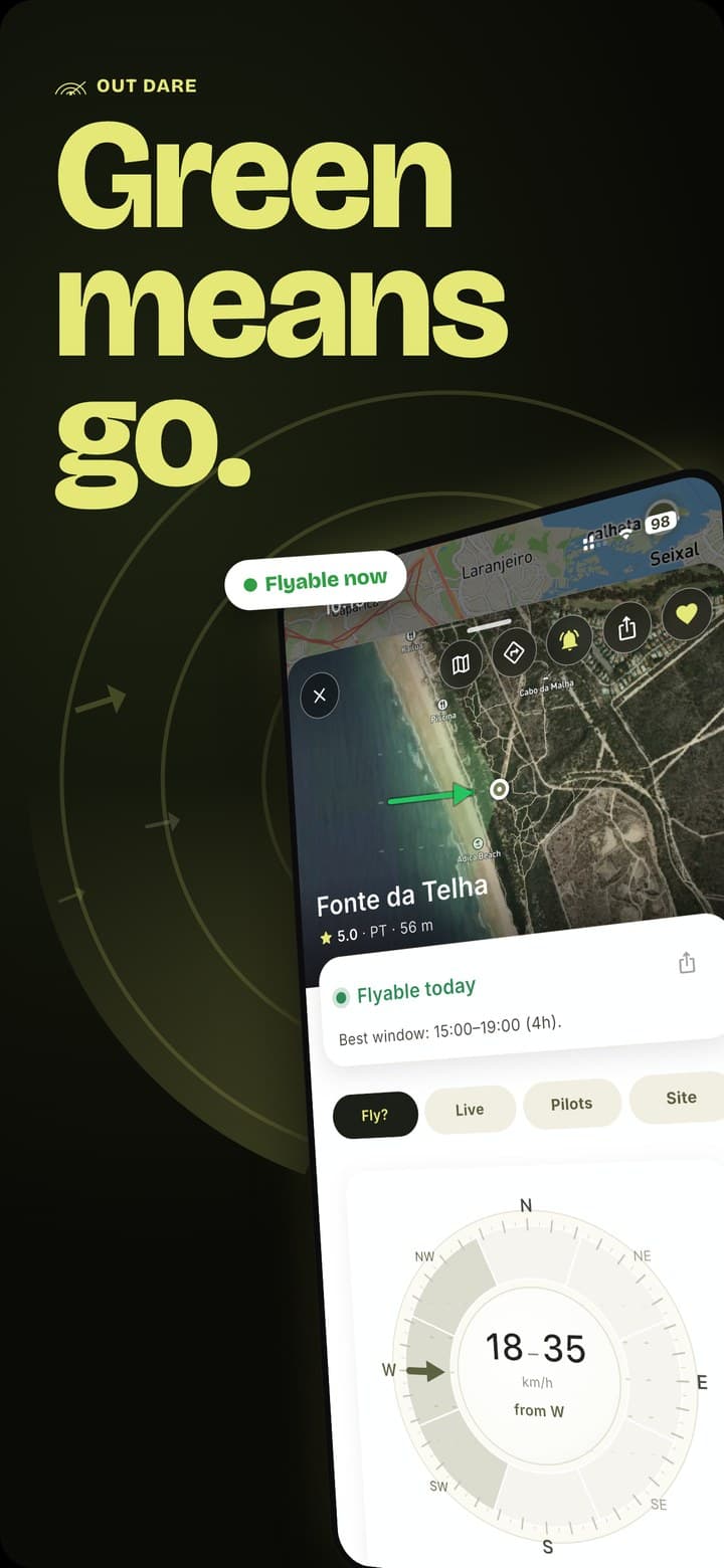 OutDare map with a green flyable-now verdict and wind rose at a coastal paragliding site