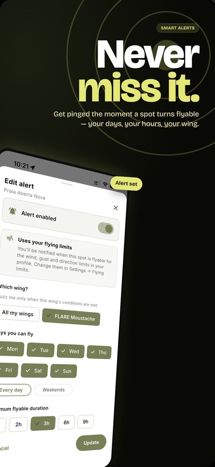 Smart alert editor with flying days, wing selection and minimum window duration