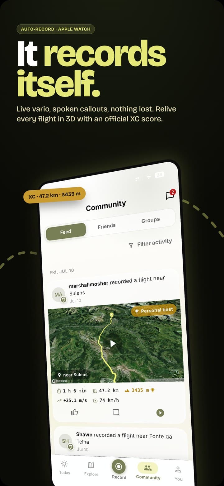 Flight recorder with auto-record, a 3D replay and an official XC score