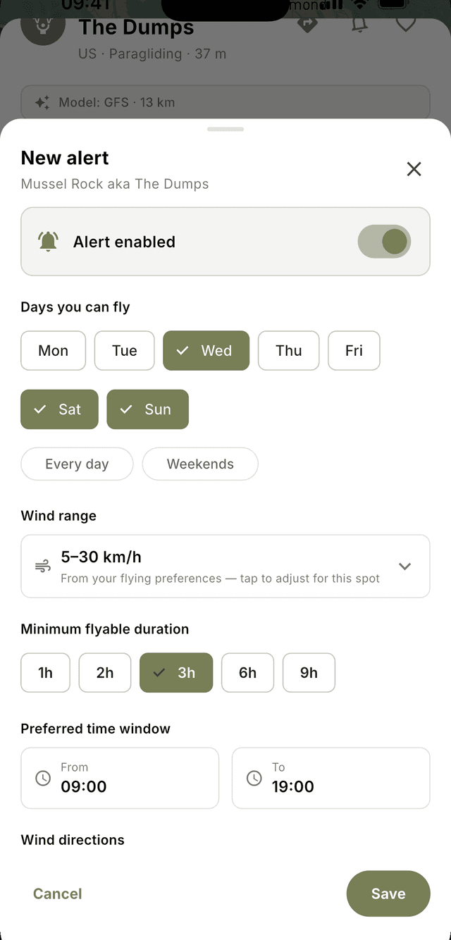 New alert sheet with days, wind range, duration and time window