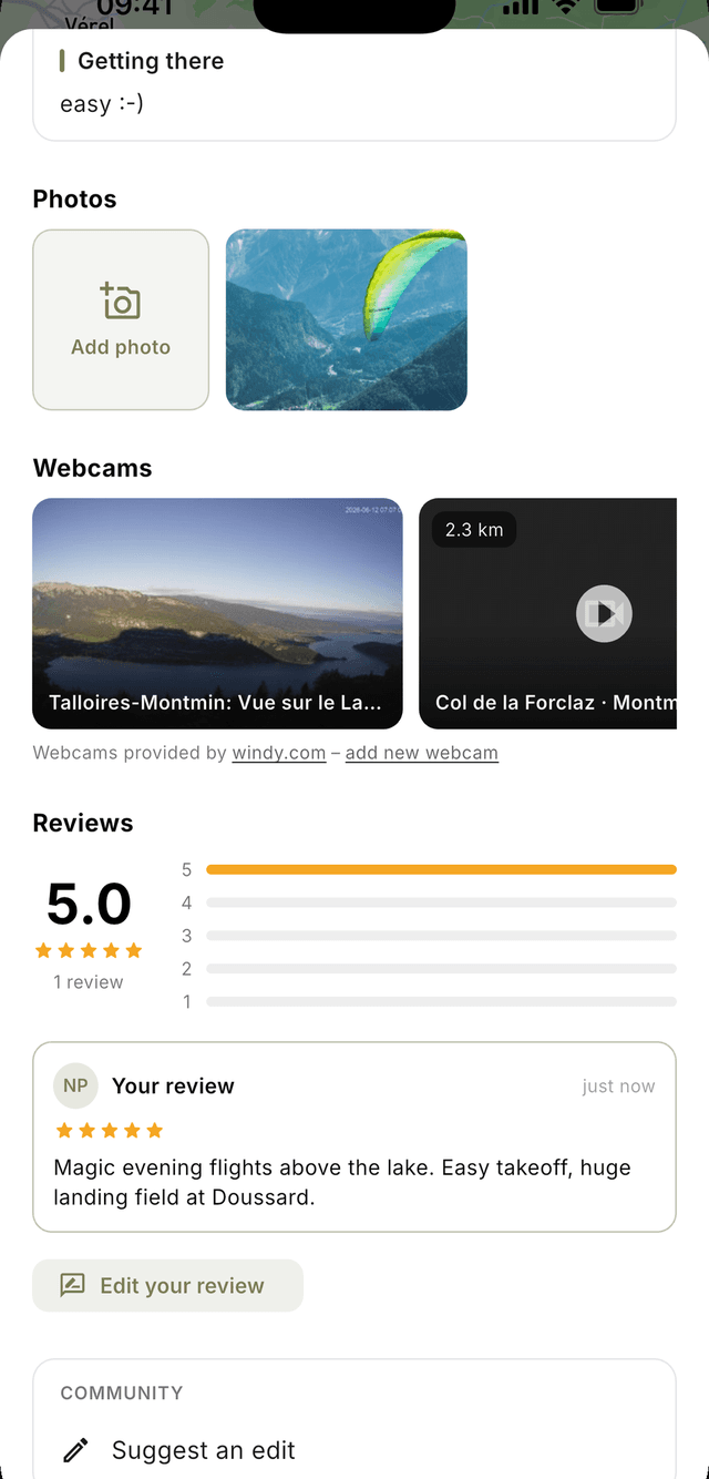 A spot page with community photos and a five-star pilot review