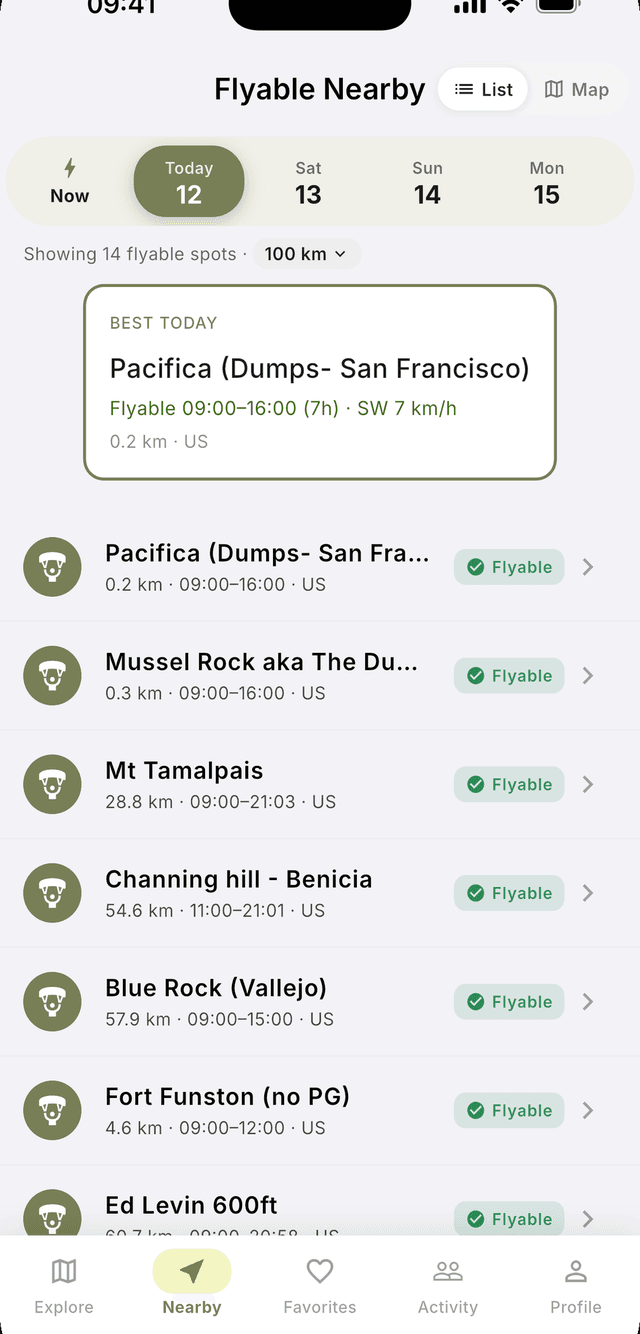 Flyable Nearby list showing every flyable site ranked by distance for today